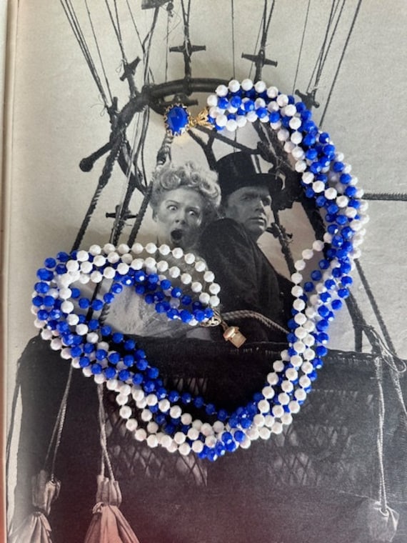 1950s Blue White Beaded Necklace Six Strand Facet… - image 5
