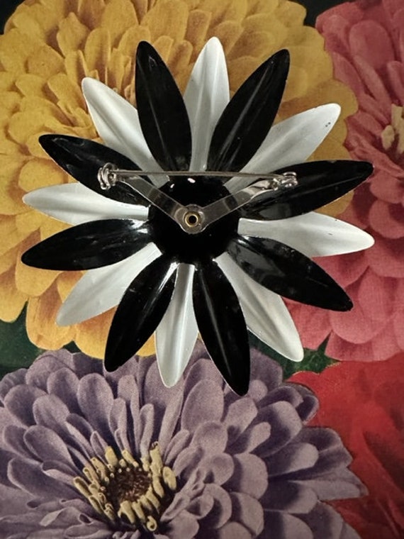 1960s Black White Enamel Flower Brooch Large Mod Floral Pin 