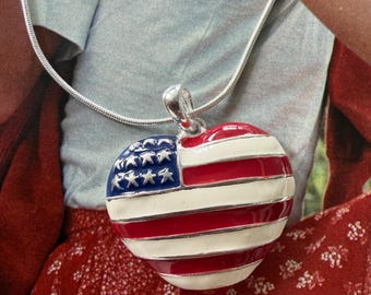 1980s American Flag Heart Pendant Necklace Patriotic Red White Blue Enamel USA Vintage Sweetheart Americana Jewelry