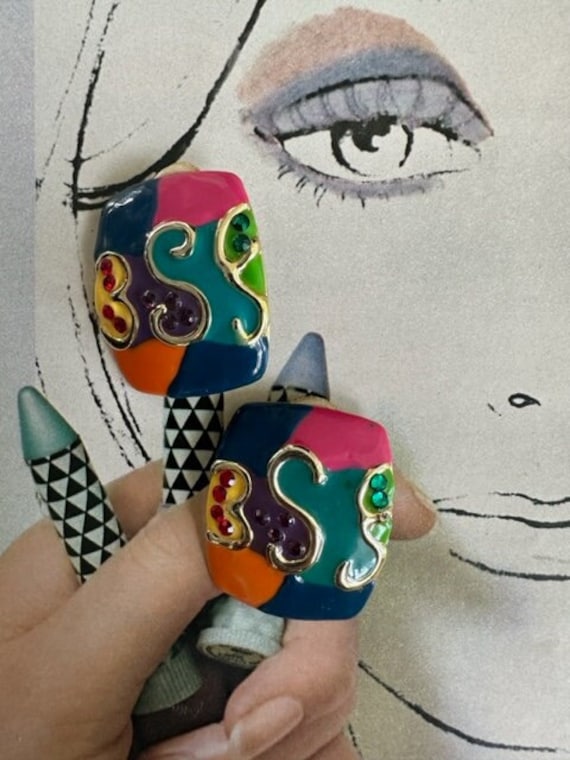 80 Mega Colorful Enamel Clip on earrings with Rhi… - image 1