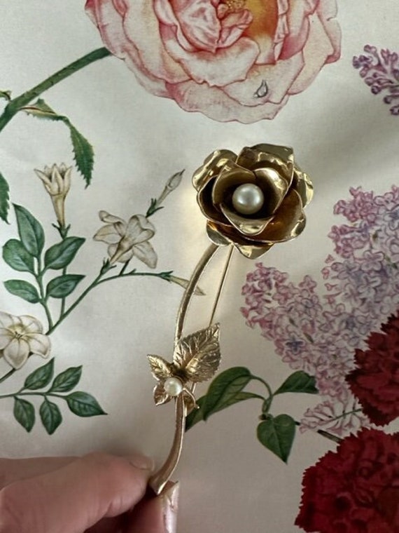 60s Long Stemmed rose Pin, 60s Flower Brooch, Flo… - image 1
