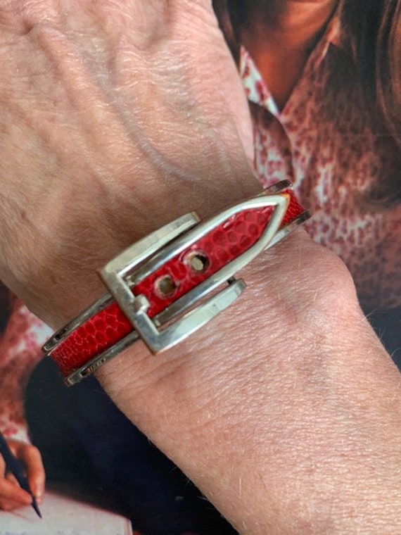 1970s Red Leather Belt Buckle Bracelet, Vintage R… - image 5