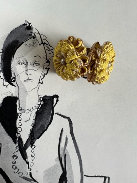 40s Yellow Crochet Flower Earrings, 40s  Fabric e… - image 5