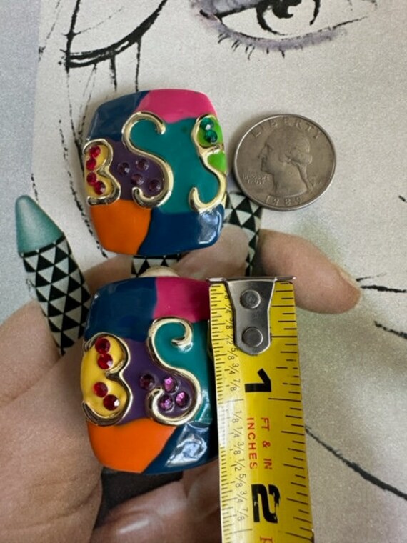 80 Mega Colorful Enamel Clip on earrings with Rhi… - image 8