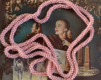 Vintage Infinity Pearl Rope Necklace, Pink Pearl Beaded Rope Necklace, Lariat Pink Bead Rope 66" Necklace, Vintage 66" Crochet Rope Necklace