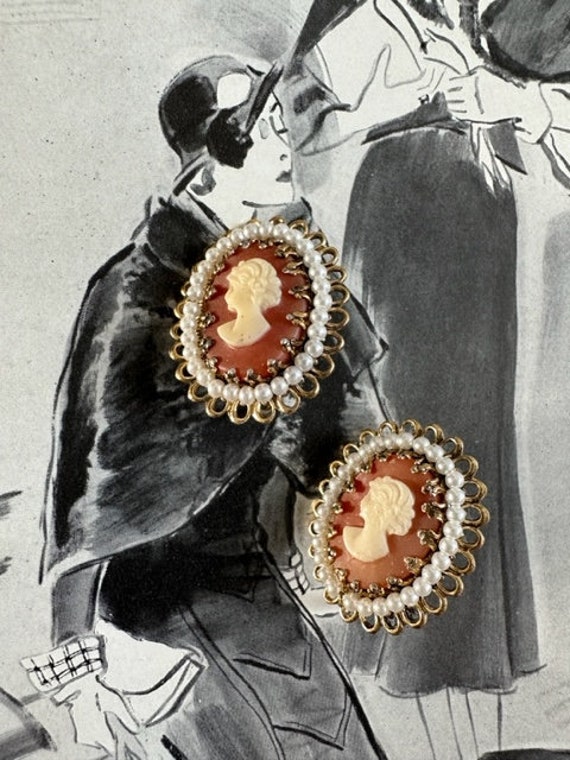 Cameo with Tiny Pearls Earrings, Cameo Earrings, … - image 2