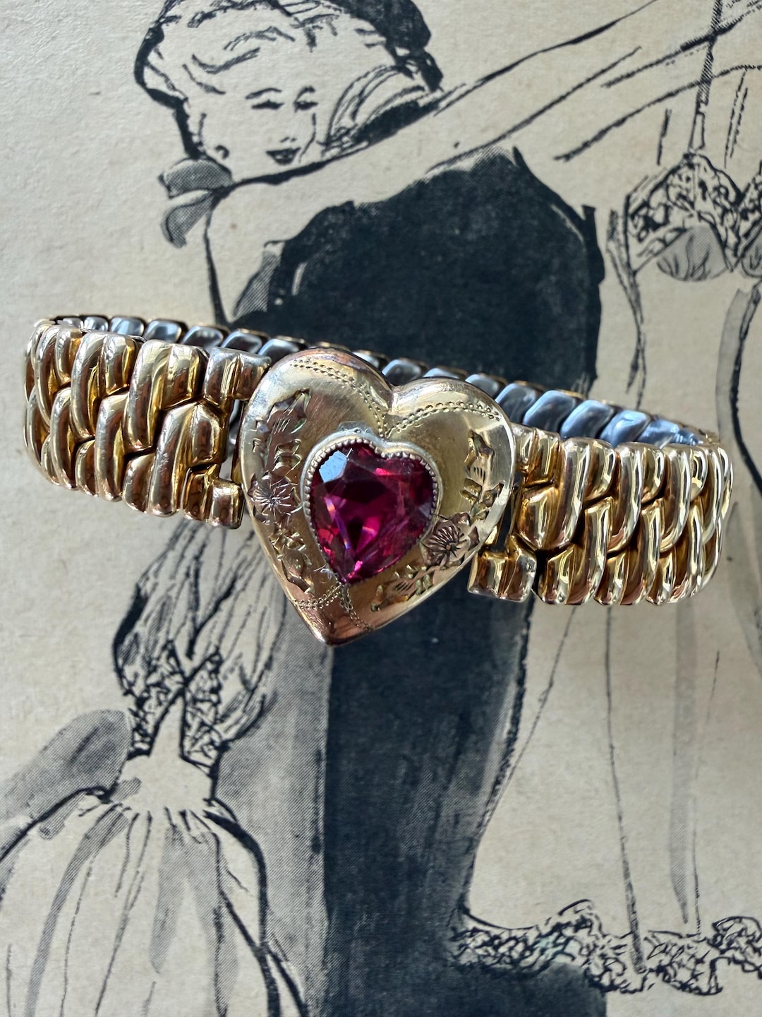 1940s Ruby Red Sweetheart Expansion Bracelet Co Star Signed