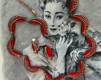 1950s Matisse Signed Red Enamel Copper Necklace And Earring Set Mid Century Modern Choker Vintage Enamel Jewelry Gift For Her