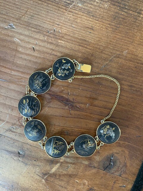 Japanese Amita Damascene Panel Gold & Silver Inlay Bracelet Japanese Amita Damascene Panel Gold & Silver Inlay Bracelet