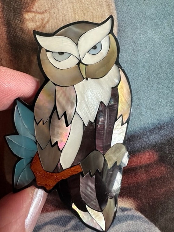 1980s Lee Sands unsigned Abalone Owl Brooch Shell… - image 6