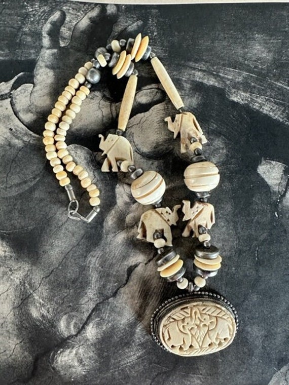 Vintage Elephant Carved Bone Boho Pendant Necklace