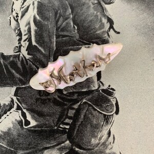 1940s WWII Mother Of Pearl Sweetheart Pin Gold Mother Script On Leaf Vintage Military Mom Gift MOP WW2 Collectible Jewelry