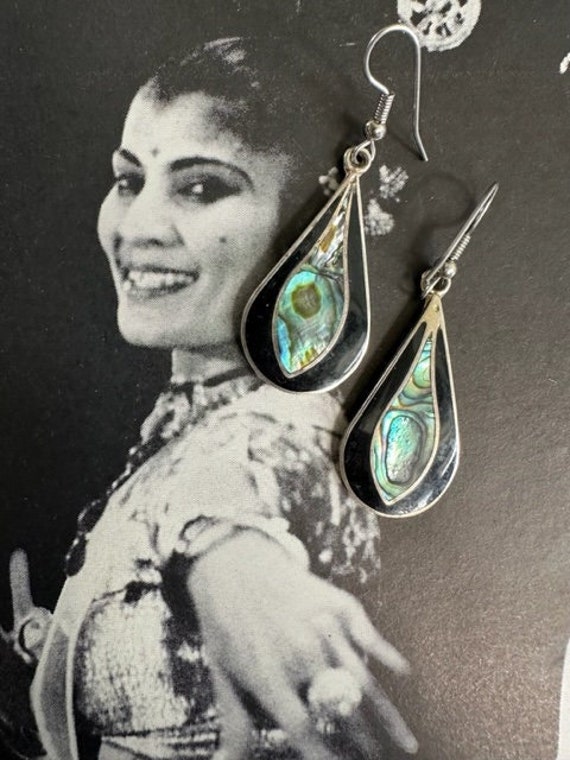 Vintage Abalone Alpaca Mexico Dangle Earrings, Aba