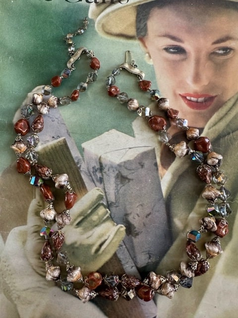 Vintage Art Glass and Natural Stone Beaded Necklace, 50s 2  display picture 3