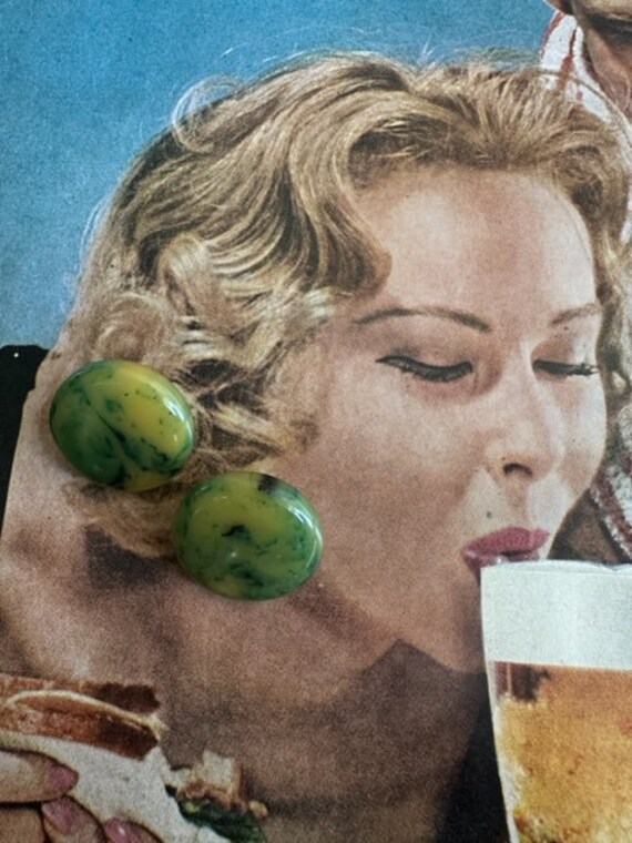 1930s Bakelite Green Marbled Button Clip On Earri… - image 2