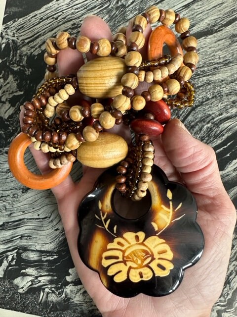 70s Wood Bead With Faux Bone Stenciled Pendant, 70s 70s Wood Bead With Faux Bone Stenciled Pendant, 70s