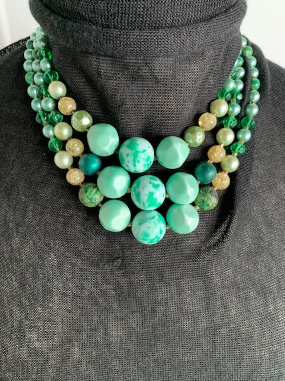 50s 3-Strand Beaded Margarita Mint Necklace, 50s … - image 4