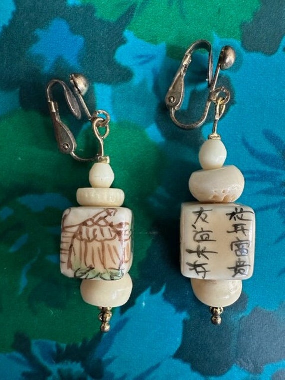 60s Porcelain Hand Painted Earrings with Bone Bead