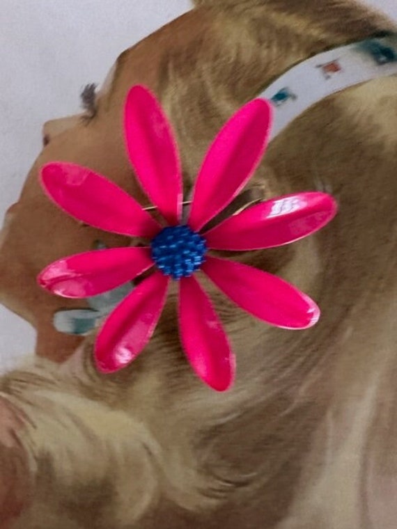 60s Metal Enamel Flower Brooch, Pink Flower Pin, … - image 1