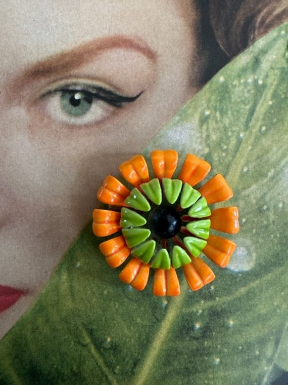 60s Orange and Green Flower Pin, 60s Flower Pins,… - image 1