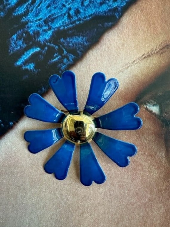60s Flower Pin, 60s Blue Flower Brooch, Hippie Fl… - image 1