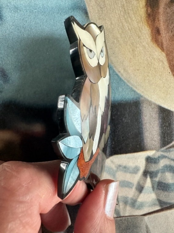 1980s Lee Sands unsigned Abalone Owl Brooch Shell… - image 10