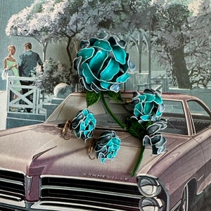 Broche de flor de esmalte azul verdoso y pendientes de clip a juego de la década de 1960. Broches florales retro de jardín de mediados de siglo. Joyería vintage llamativa. imagen 3