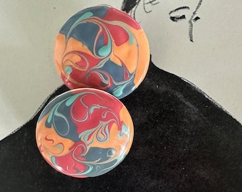 1980s Swirl Enamel Pierced Earrings Large Colorful Round Button Vintage Statement Mod Retro Jewelry