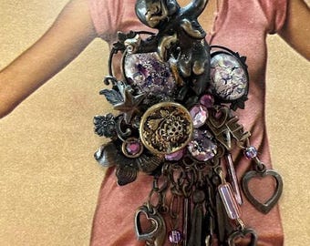 1980s Lisa Carlson Signed One Of A Kind Collage Brooch Cherub Love Wearable Art Repurposed Jewelry Handmade Statement Pin