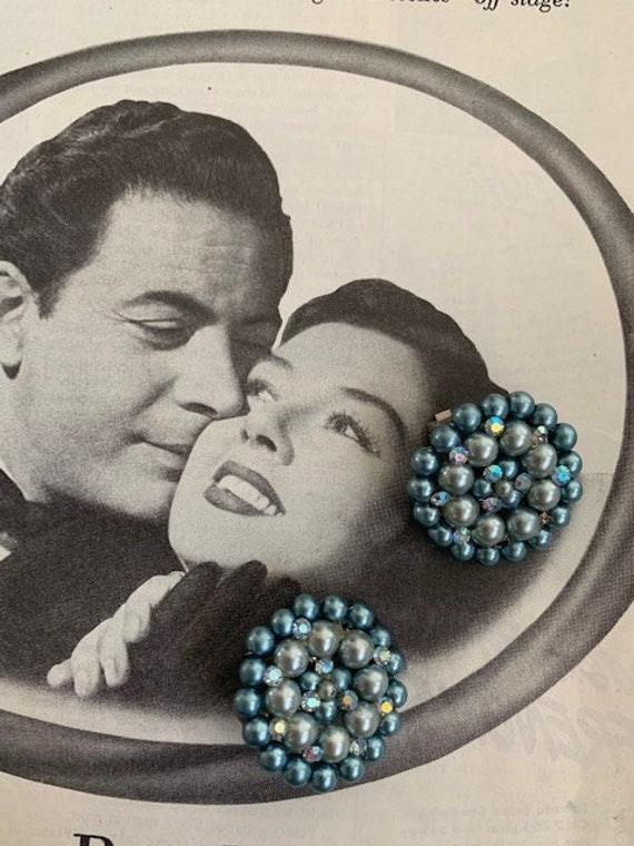 1960s Dusty Blue Green Pearl Button Earrings, 60s… - image 1