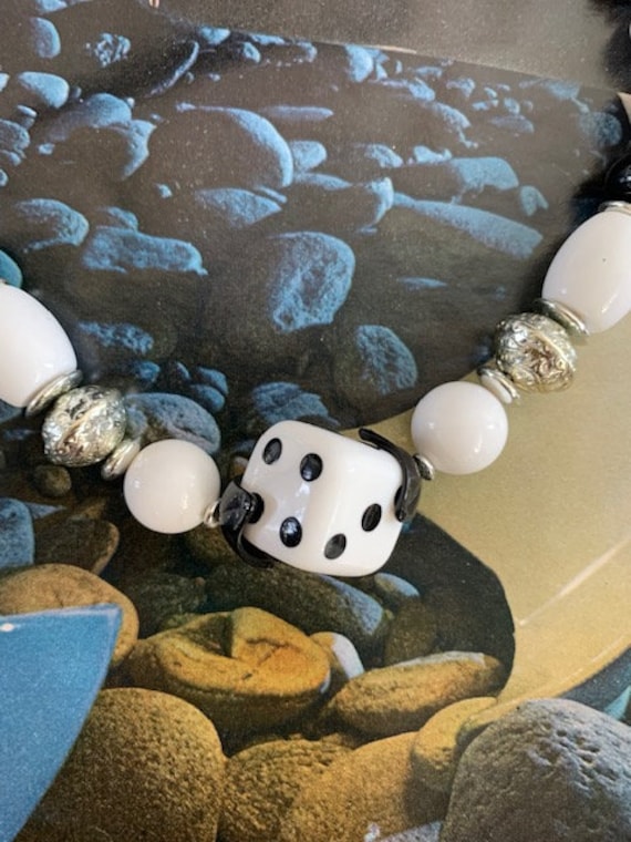 80s Black & White Beaded Necklace, 80s Dice Jewelry, … Gem