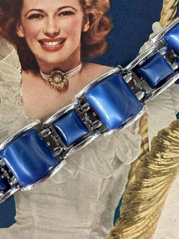 Vintage Chunky Blue Moon Glow Square Link Bracelet