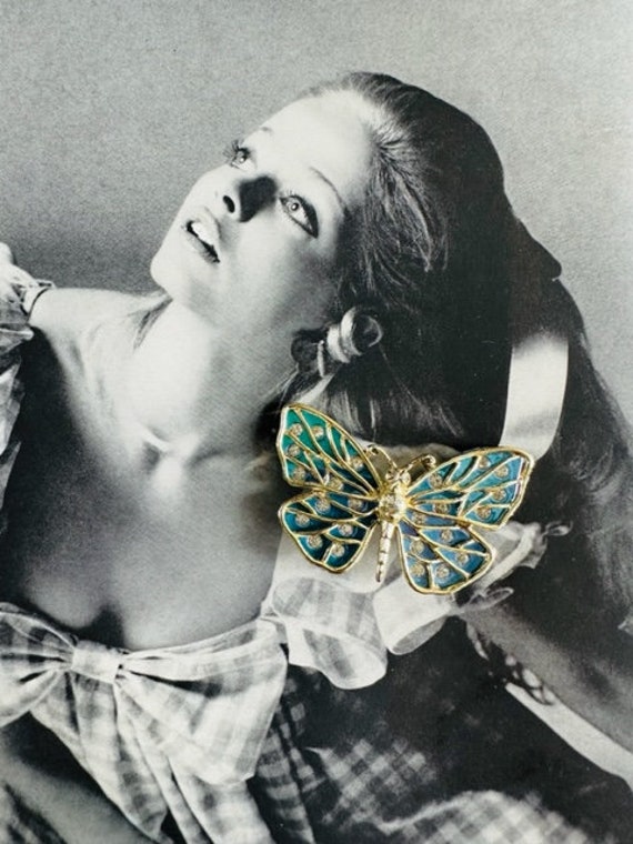 60s Iridescent Enamel and Gold Butterfly Pin, Rhi… - image 2