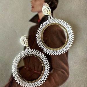 Large White Seed Bead Hoop Earrings, Large Hoop Earrings, Seed Bead Earrings,