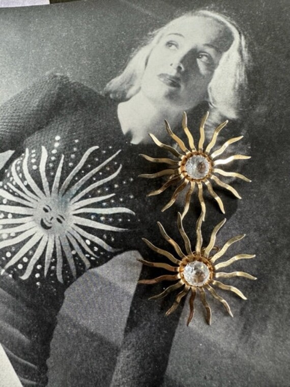 Gold Sun Burst with Rhinestone Earrings, Vintage … - image 3