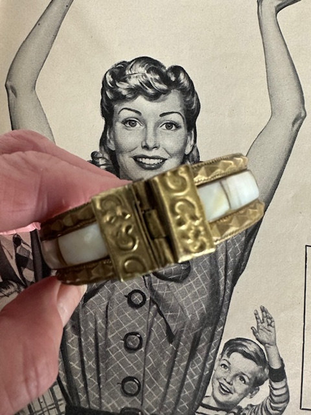 Vintage Brass With Mother of Pearl Bracelet, Brass Hinged Bracelet