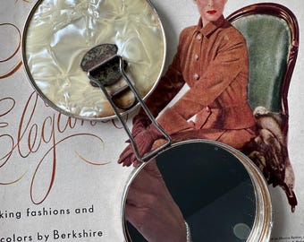 1950s Folding Stand Mirror Silver Tone Black Enamel MCM Scrollwork Pearlescent Lucite Back Travel Vintage Mid Century Vanity Accessory