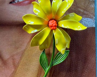 1960s JJ Signed Yellow Enamel Flower Brooch Green Stem Orange Center Mod Floral Pin Mid Century  Statement Jonette Jewelry