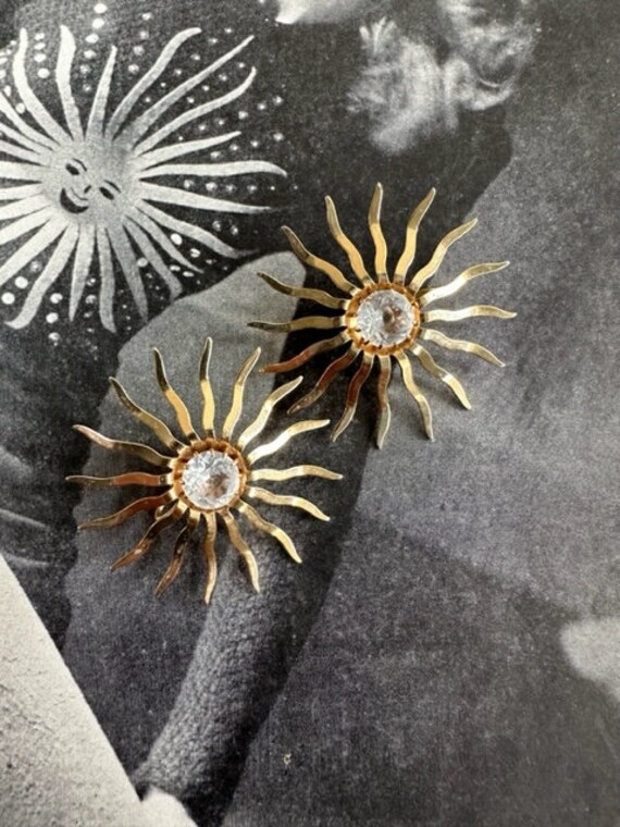 Gold Sun Burst with Rhinestone Earrings, Vintage … - image 5