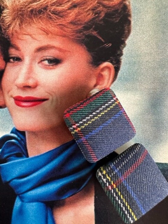 80s Plaid Twill Fabric Earrings, 80s Plaid Earring