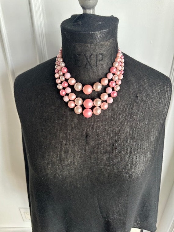 50s 3-Strand Pink Pearl Beaded Necklace, Vintage … - image 6