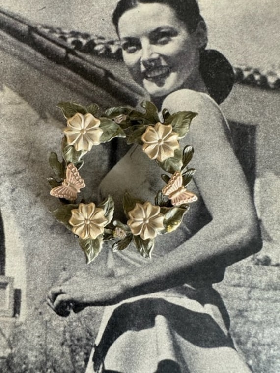 Vintage Wreath Brooch, Vintage Butterfly Flower Wr