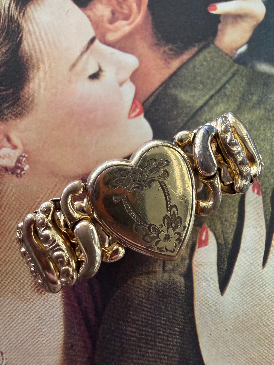 WW2 40s USN IDブレスレット 12K GF 金張り スイートハート 1940s Floral Etched Sweetheart Expansion Bracelet American Queen