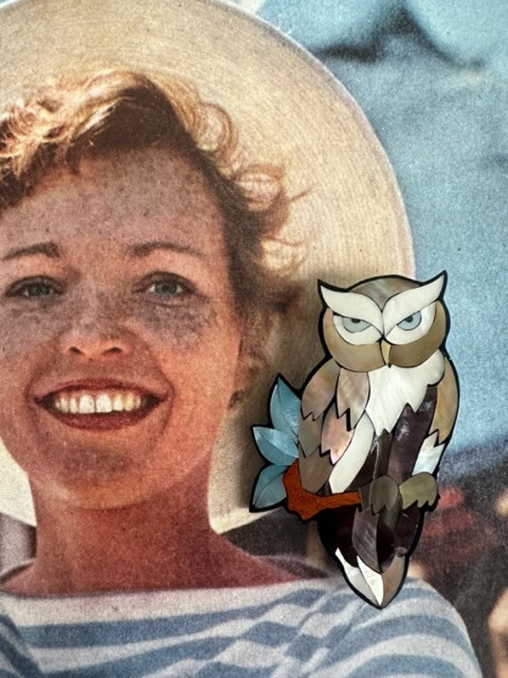 1980s Lee Sands unsigned Abalone Owl Brooch Shell… - image 5