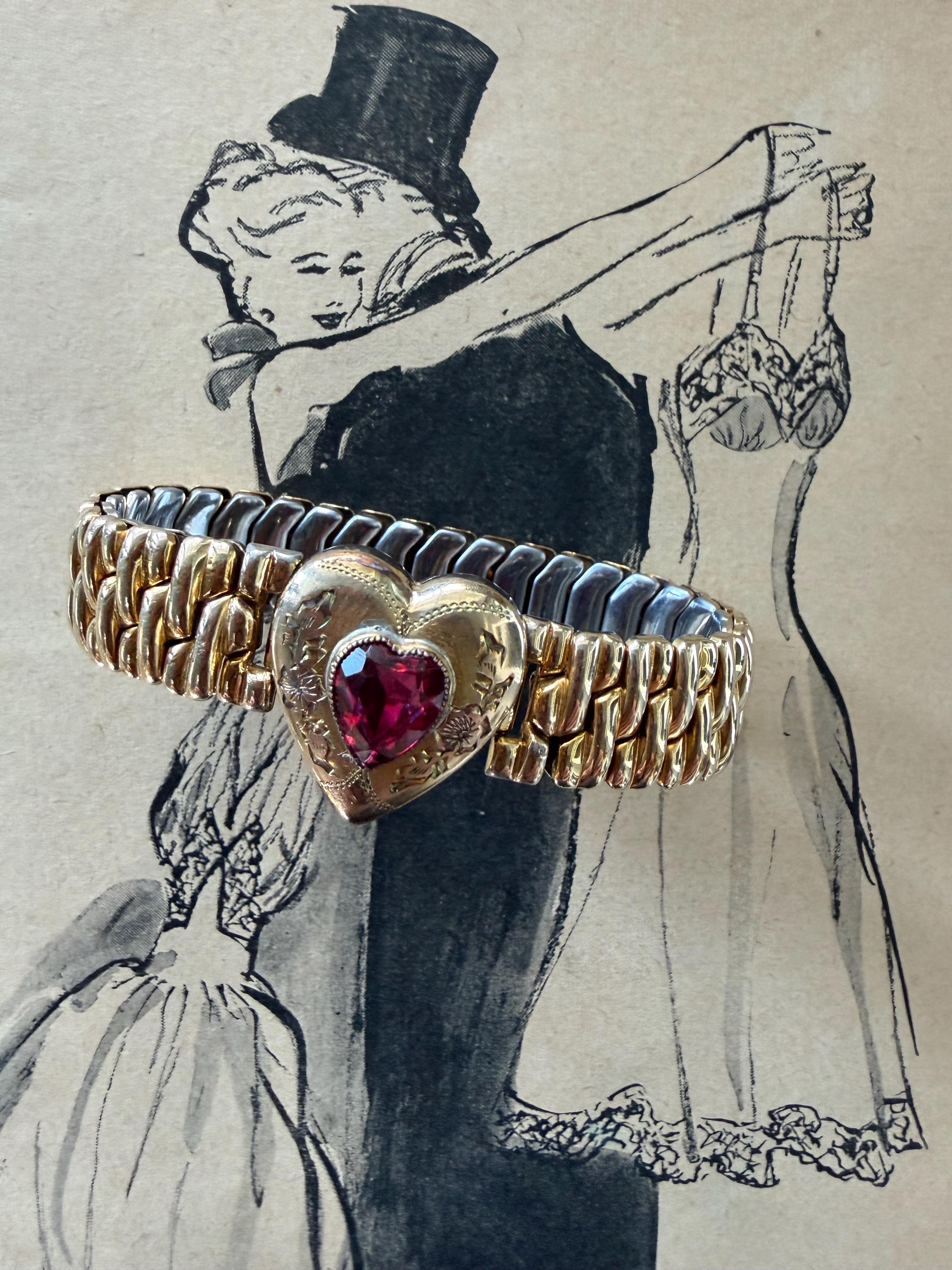 1940s Ruby Red Sweetheart Expansion Bracelet Co Star Signed