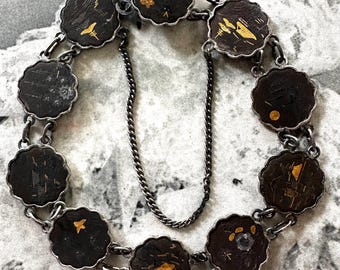 1930s Amita Japanese Damascene Necklace Sterling Silver 18k Gold Link Oriental Panel Link Scenic Art Deco Vintage Jewelry