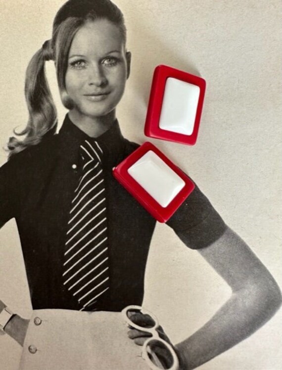 1980s Red & White Lucite Rectangular Earrings, 80… - image 1
