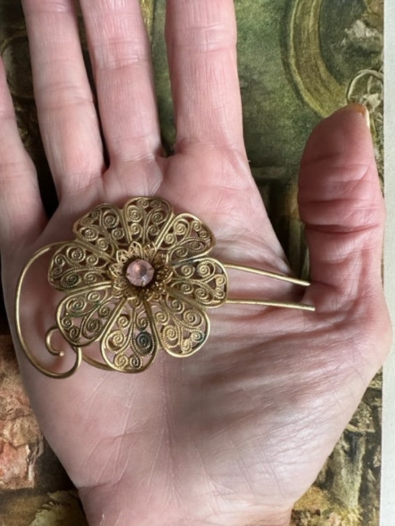 40s Gold Filagree Flower Brooch, Vintage Filagree… - image 8