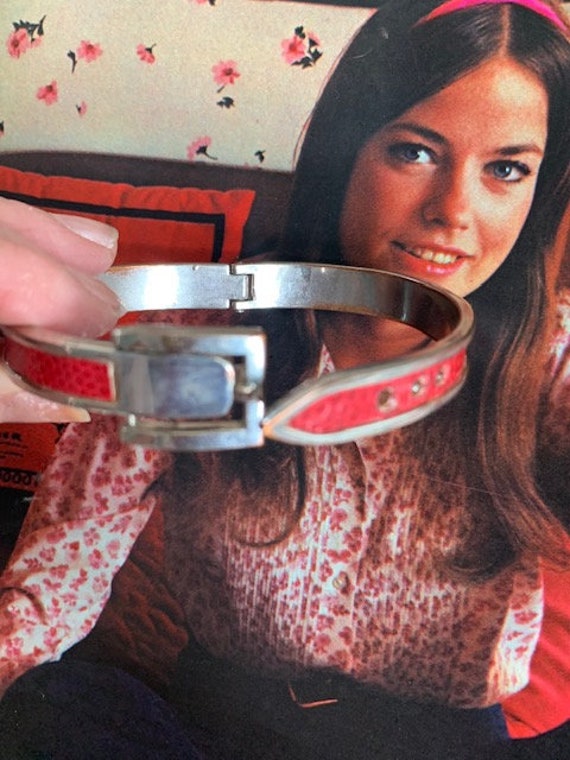 1970s Red Leather Belt Buckle Bracelet, Vintage R… - image 9