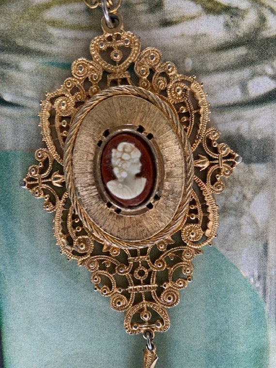 Gold Ornate Cameo Embellished Pendant with Ball D… - image 7